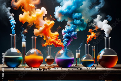 Smoking and burning bottles of chemical reagents in a chemical laboratory ,a white backgroud  laboratory setting where a beakers bubble    smoking on table 