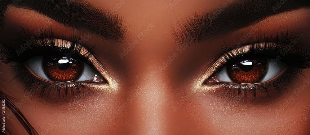 Close up of mesmerizing deep brown eyes with long dramatic eyelashes framed by dark eyebrows and a softly blurred background highlighting their allure Close up of mesmerizing deep brown eyes with long dramatic eyelashes framed by dark eyebrows and a softly blurred background highlighting their allure
