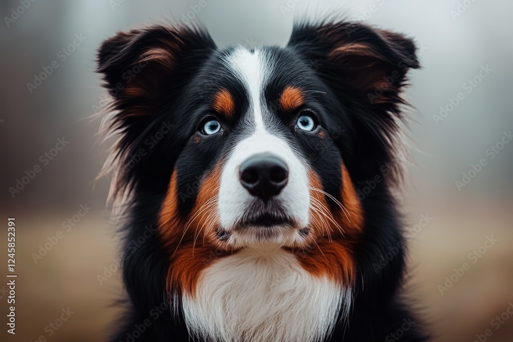 Stunning close-up of a dog with striking blue eyes in a misty outdoor setting during early morning light Stunning close-up of a dog with striking blue eyes in a misty outdoor setting during early morning light