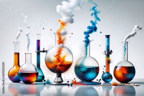 Smoking and burning bottles of chemical reagents in a chemical laboratory ,a white backgroud  laboratory setting where a beakers bubble    smoking on table 