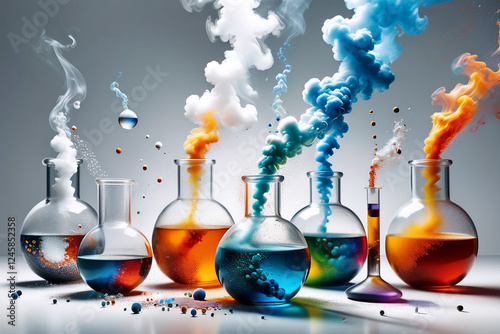 Smoking and burning bottles of chemical reagents in a chemical laboratory ,a white backgroud  laboratory setting where a beakers bubble    smoking on table 