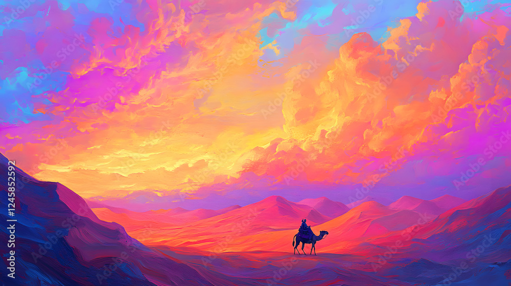 A dreamy desert landscape with soft dunes of golden sand, sculpted by the wind. A lone traveler rides a camel under a vivid sky painted in shades of pink, purple, and orange as the sun sets. A dreamy desert landscape with soft dunes of golden sand, sculpted by the wind. A lone traveler rides a camel under a vivid sky painted in shades of pink, purple, and orange as the sun sets.