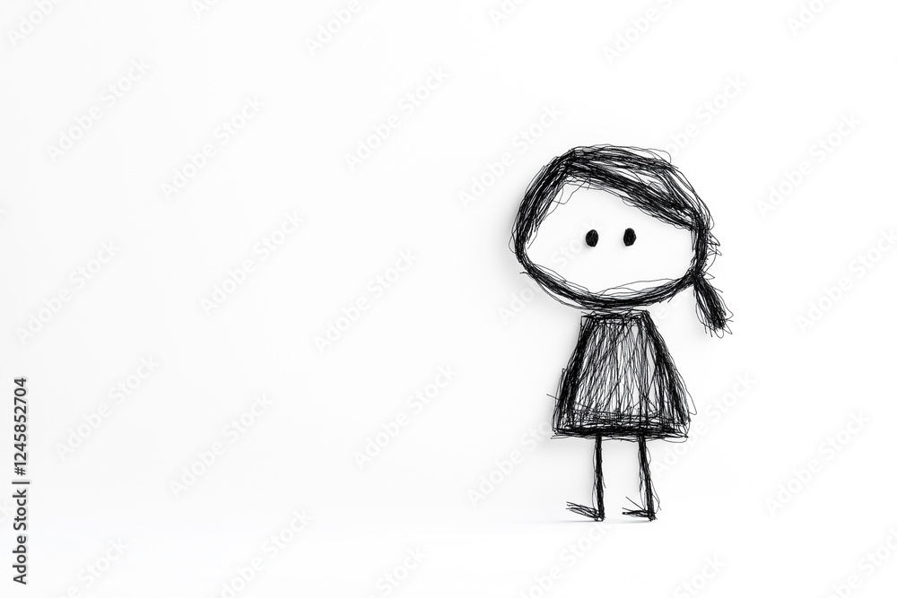 Fototapeta premium Minimalist hand drawn girl figure.Abstract and artistic pencil sketch Copy and text space.