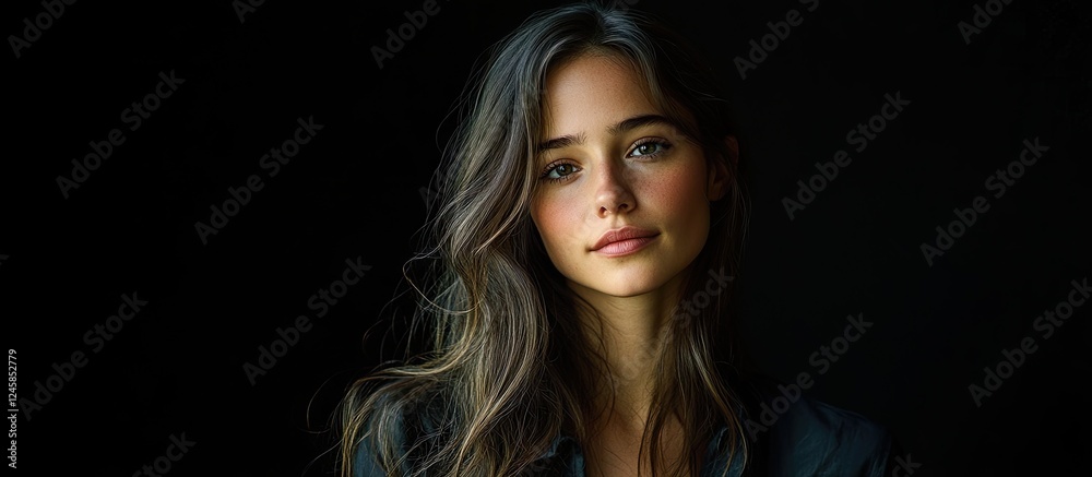 Young woman with long flowing hair in soft light against black background exuding confidence and charm showcasing natural beauty and personality Young woman with long flowing hair in soft light against black background exuding confidence and charm showcasing natural beauty and personality