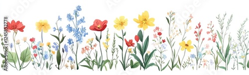 A colorful collection of hand-drawn spring flowers and plants in flat design style, with pastel tones and simple lines. Ideal for greeting cards, decorations, and creative digital projects.