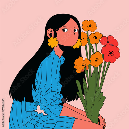 Happy Women's Day greeting card with girl and flowers. Vector illustration.