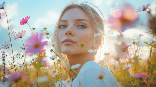 Woman dressed iin white with blue eyes. walking through a field of flowers. Dynamics. Cinematic, realistic, detailed. Vogue style. Bright, saturated colors. photo