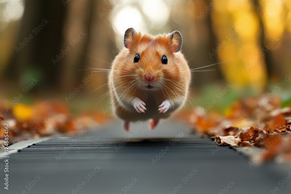 Hamster leaps joyfully over a path covered with autumn leaves in a peaceful forest setting Hamster leaps joyfully over a path covered with autumn leaves in a peaceful forest setting