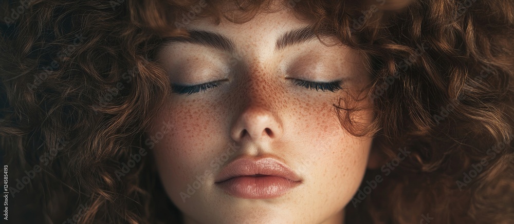 Obraz premium Serene close-up of a woman with curly hair and closed eyes highlighting natural beauty with soft freckles and subtle facial expressions in warm tones.