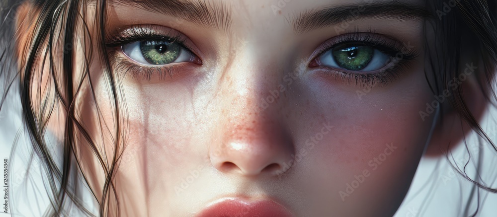 Fototapeta premium Close-up of a young woman with mesmerizing green eyes and tousled dark hair, conveying a sense of wonder against a softly blurred background.