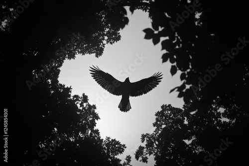 Majestic bird soaring through the trees under a cloudy sky in a tranquil forest setting