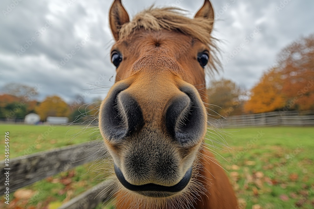 Curious horse approaches the camera in a serene autumn pasture with colorful trees Curious horse approaches the camera in a serene autumn pasture with colorful trees