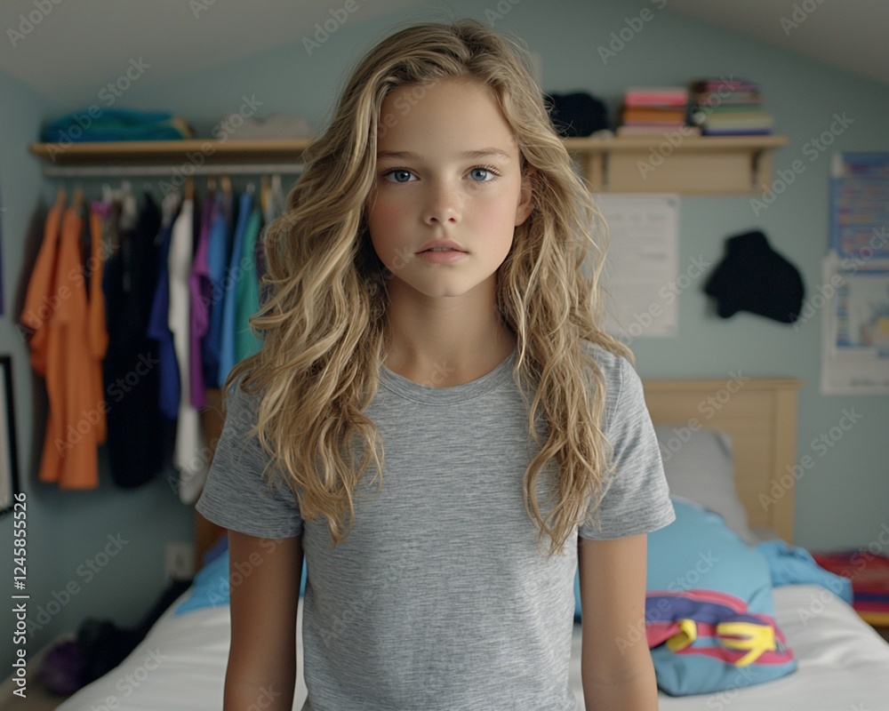 Girl Teenager Bedroom Clothes Serious Portrait Girl Teenager Bedroom Clothes Serious Portrait