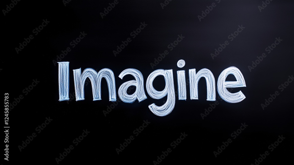Word 'Imagine' written in chalk-style lettering on a dark blackboard background. creativity and inspirational concept