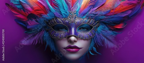 Wallpaper Mural Vibrant feathered mask in vivid hues of blue, red, and purple against a rich purple backdrop showcasing intricate details and artistic craftsmanship Torontodigital.ca