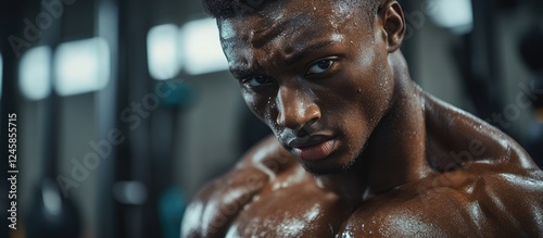 Focused young man with darker skin tone displaying intense determination while lifting weights in a well-equipped gym with soft lighting and equipment in the background. photo