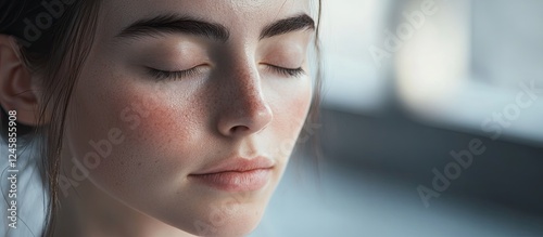 Serene close-up of a young woman with closed eyes reflecting peace in a bright yoga studio, soft natural light enhancing her tranquil expression. photo