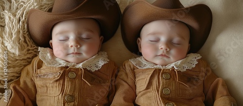 Twin infants in matching brown cowboy outfits with wide-brimmed hats lying peacefully on a soft beige background, showcasing their adorable attire. photo