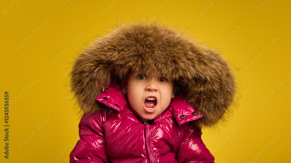 Portrait of five years old girl, emotional child in pink warm coat with large fur hood, emotionally making funny faces against yellow background. Concept of childhood, emotions, lifestyle Portrait of five years old girl, emotional child in pink warm coat with large fur hood, emotionally making funny faces against yellow background. Concept of childhood, emotions, lifestyle