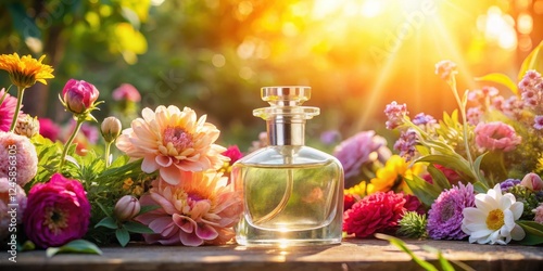 Delicate perfume bottle surrounded by vibrant colorful flowers in a lush garden scene, with soft sunlight filtering through the petals, colorfull flowers, floral arrangement photo