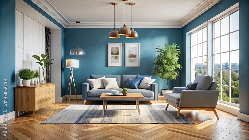 Fototapeta premium Scandinavian Interior Design: 3D Rendered Minimalist Empty Room with Blue Wall and Wood Floor - Aerial View