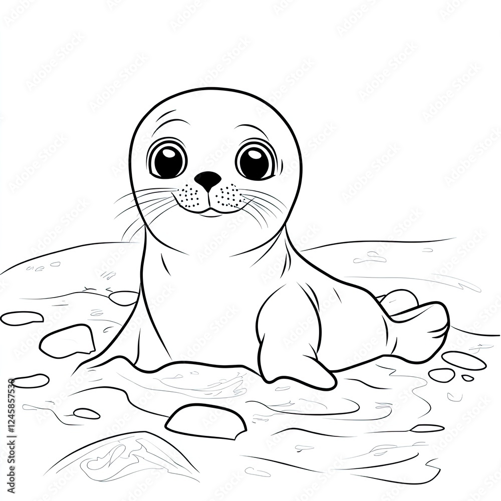 Obraz premium Adorable Baby Seal Coloring Page Icy Waters Illustration