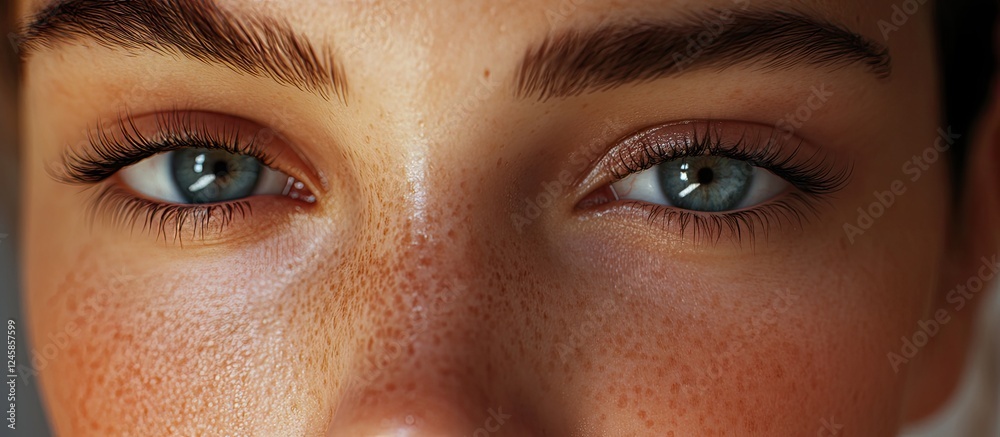 Naklejka premium Closeup of a fresh female face with clear skin and beauty makeup highlighting blue eyes, natural brows, and radiant complexion on a soft background