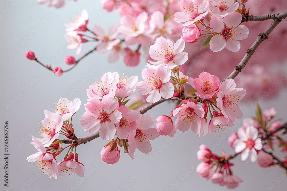 Obraz premium Elegant Soft Pink Cherry Blossom Flowers Against a Light Background