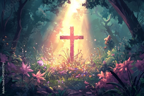 Illustration of a cross located in the middle of a magical forest. photo