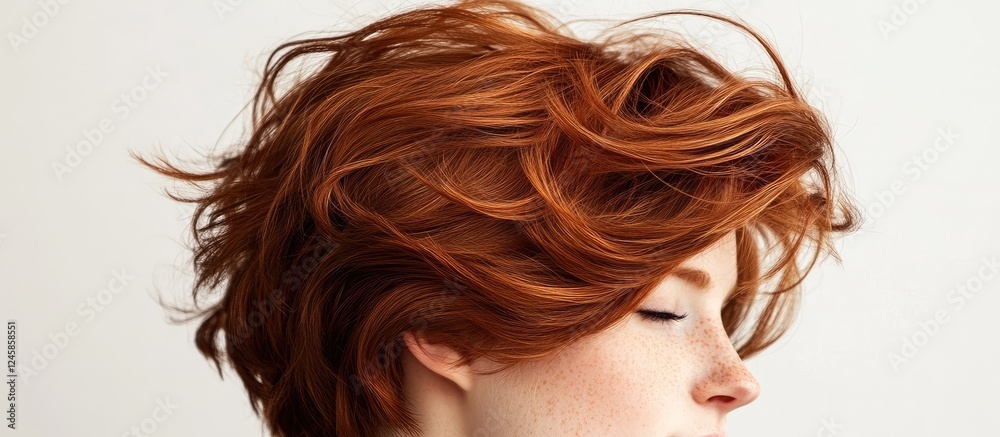 Naklejka premium Vibrant tousled short auburn hair with dynamic texture against a clean white background ideal for showcasing diverse hairstyles and aesthetics