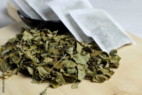 Close-up of the texture of dried Moringa leaves