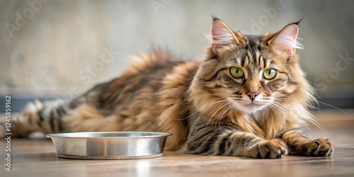 A lethargic domestic cat stretches out near a water bowl, its fur matted and dull , sick cat