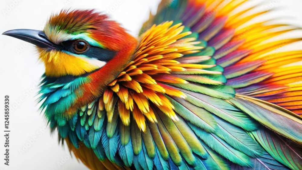 Obraz premium Delicate feathers of a bird species against white background, showcasing vibrant colors and intricate patterns , wildlife photography, animal textures