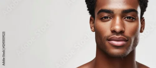 Obraz Men's portrait against a clean white background showcasing smooth skin and emphasizing skincare routines featuring close-up facial detail.