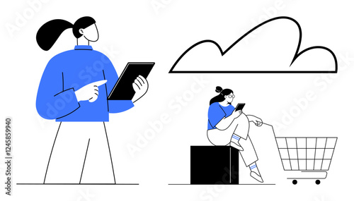 People interacting with tablets for online shopping, cloud icon, shopping cart, casual poses. Ideal for e-commerce, digital lifestyle, cloud computing, modern technology, consumer behavior mobile