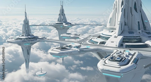 Futuristic Cloud City Aerial View Sci Fi Architecture Design