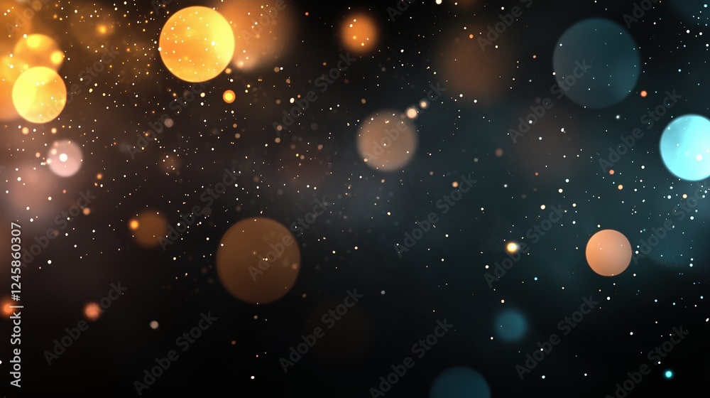 Obraz premium Golden and blue bokeh lights on black background. elegant design for festive or celebratory visuals