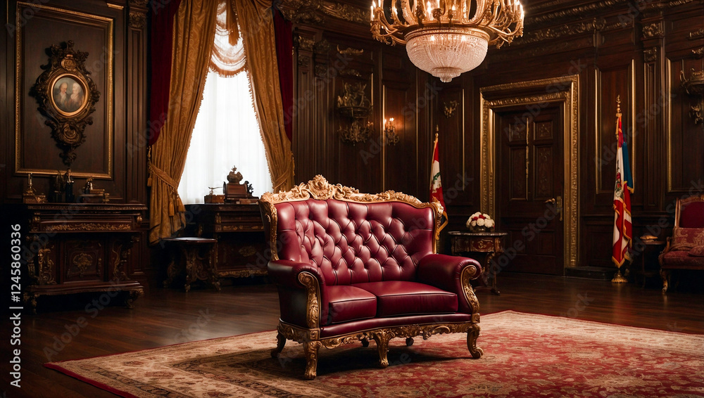 Fototapeta premium Luxurious Royal Armchair in Vintage Palace Room with Classic Wooden Interior