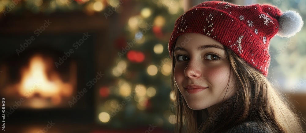 Cozy holiday portrait of a girl with long brown hair wearing a red festive hat in front of a warm fireplace and a decorated Christmas tree. Cozy holiday portrait of a girl with long brown hair wearing a red festive hat in front of a warm fireplace and a decorated Christmas tree.