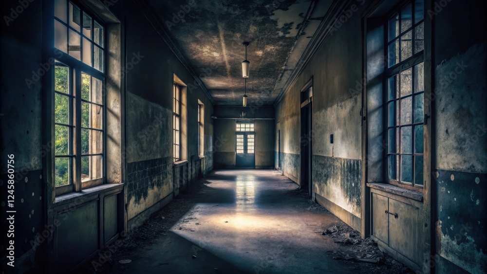 Dark corridor with a window showing a dimly lit room beyond , dark corridor, abandoned room Dark corridor with a window showing a dimly lit room beyond , dark corridor, abandoned room
