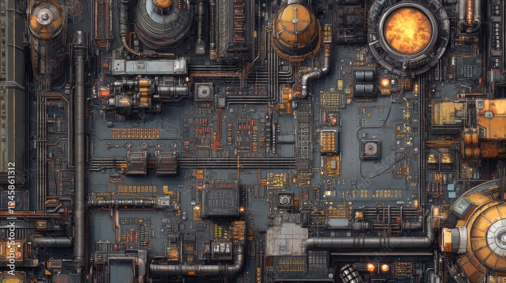 Fototapeta premium A birds-eye view of a circuit board production facility with intricate wiring and assembly machines.
