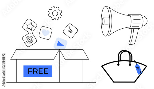Open box labeled FREE releasing digital service icons, gear representing tools, shopping bag with sale tag, and megaphone. Ideal for marketing, e-commerce, digital services, promotions, sales