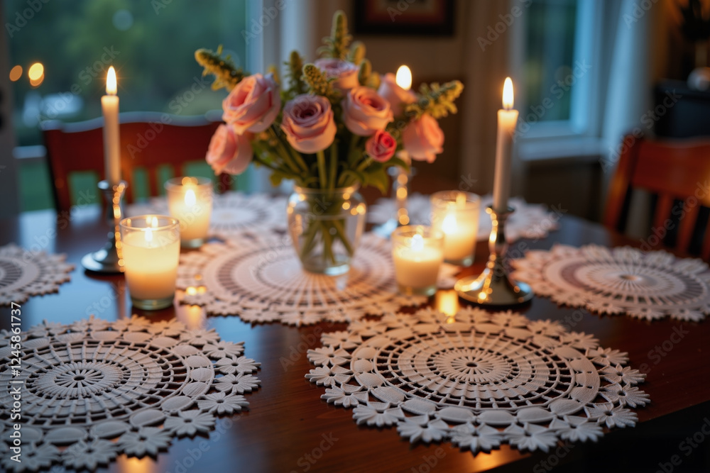 Naklejka premium Elegant evening dinner setting with crochet doilies and candles, romance