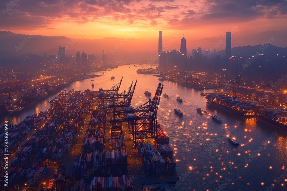 Naklejka premium Global Maritime Network: A vibrant illustration of interconnected cargo ships traversing oceans, highlighting bustling ports and advanced port equipment, showcasing the intricate global trade network.