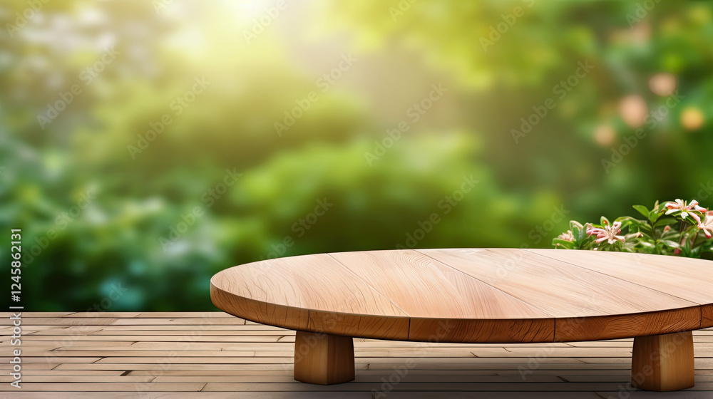 Fototapeta premium Empty Round Wooden Table in a Lush Garden Setting