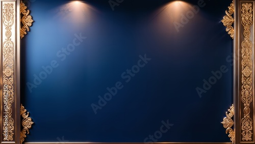 Blue wall with warm spotlights and ornate gold columns photo