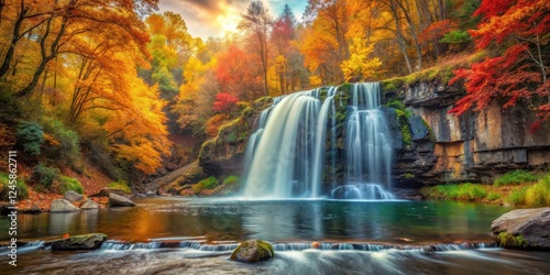 Serene Autumn Landscape with Waterfall, outdoor paradise, fall foliage