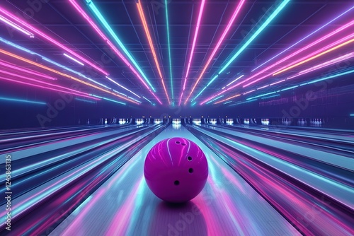 Neon Glow Bowling Alley: Vibrant Nights, Strikes, and Fun. Perfect for retro gaming, nightlife, entertainment, and leisure designs. A dazzling image showcasing the energy and excitement of a modern   