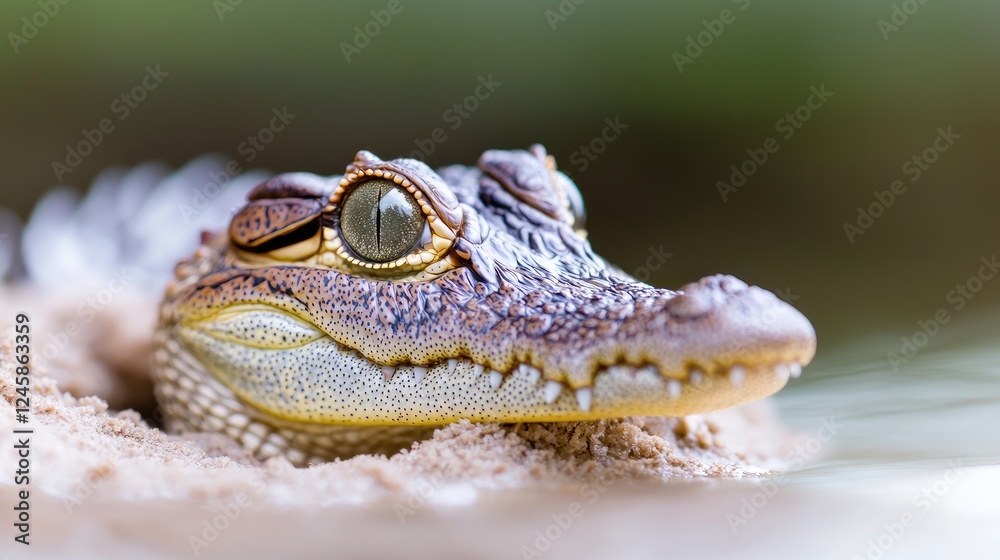 Fototapeta premium Baby crocodile resting in sand near water