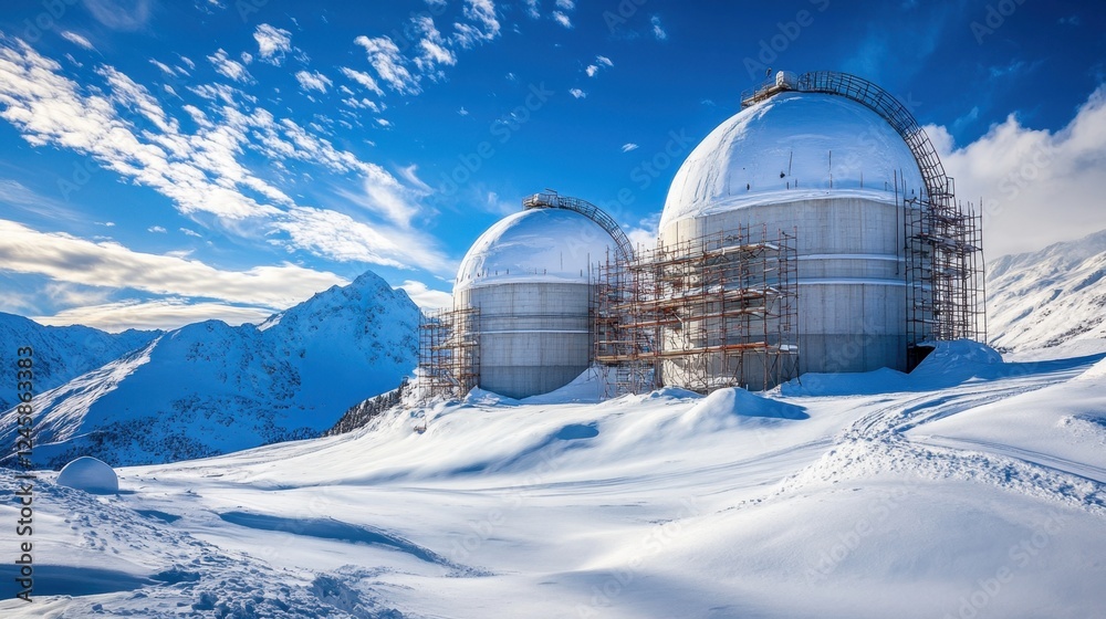 Giant cement storage tanks standing against a blue sky, with industrial scaffolding surrounding them Giant cement storage tanks standing against a blue sky, with industrial scaffolding surrounding them